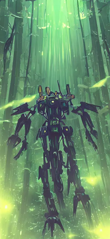 Image similar to giant humanoid plant mecha, forest, key art, sharp lines, towering above a small person, aesthetic, anime, trigger, shigeto koyama, hiroyuki imaishi