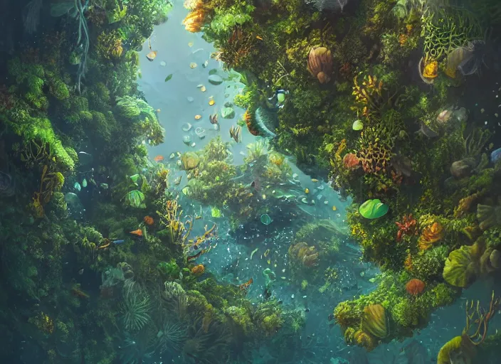 Image similar to overgrown foliage overtaking tall buildings, underwater environment, storefronts, coral, scenery, professional, award - winning, trending on artstation, detailed, realistic, beautiful, emotional, shiny, golden, picture