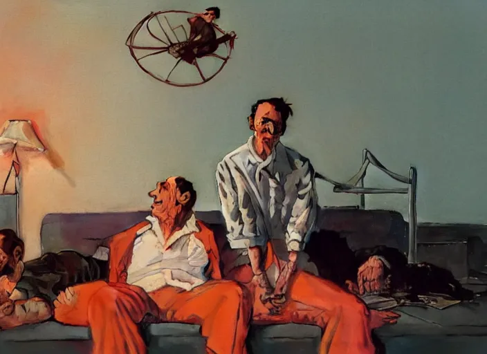 Image similar to a still from the movie one flew over the cuckoo's nest by francis bacon and norman rockwell and james jean, and mark brooks, triadic color scheme, by greg rutkowski, syd mead and edward hopper and norman rockwell and beksinski, dark surrealism, orange and turquoise