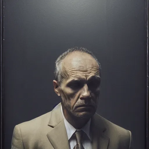 Prompt: Photo of a stern man in a beige peak lapel suit with a sad and melancholic look, deeply depressed, grieving, chiaroscuro, facing the camera, closeup shot, cinematic promo material, by Nicola Samori