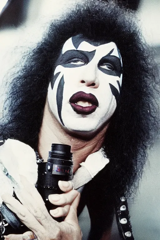 Image similar to portrait of lost member of rock band Kiss, 1975, 35mm lens, grainy