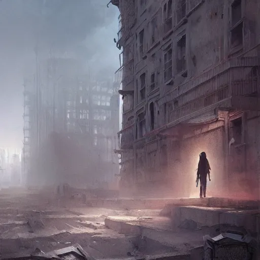 Image similar to a nurse with short sleeves and a mask on during an apocalyptic city, Matte painting , detailed painting, greg rutkowski