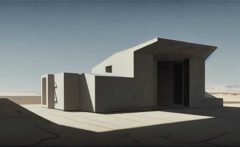 Image similar to painting of a wide angle exterior shot of a white modern architecture in the middle of desert with cinematic lighting by peter zumthor, darek zabrocki and greg ruthkowski, alphonse mucha, simon stalenhag and cinematic and blue cold atmospheric, archillect concept art, artstation, trending on artstation