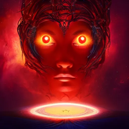 Image similar to Medusa caught by a ring of fire, red eyes, galaxy background, symmetric, dramatic lighting, hyperrealistic, unreal engine, highly detailed,