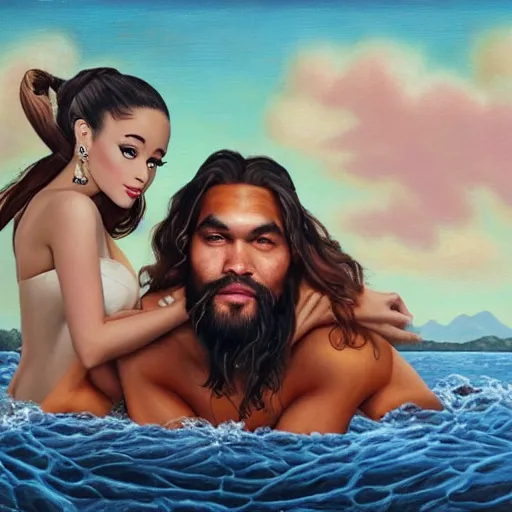 Image similar to ariana grande and jason momoa on a tandem, lowbrow painting by mark ryden