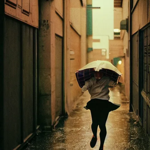 Image similar to 1990s perfect 8K HD professional cinematic photo of close-up japanese schoolgirl jumping in dystopian alleyway with neon signs, at evening during rain, at instagram, Behance, Adobe Lightroom, with instagram filters, depth of field, taken with polaroid kodak portra