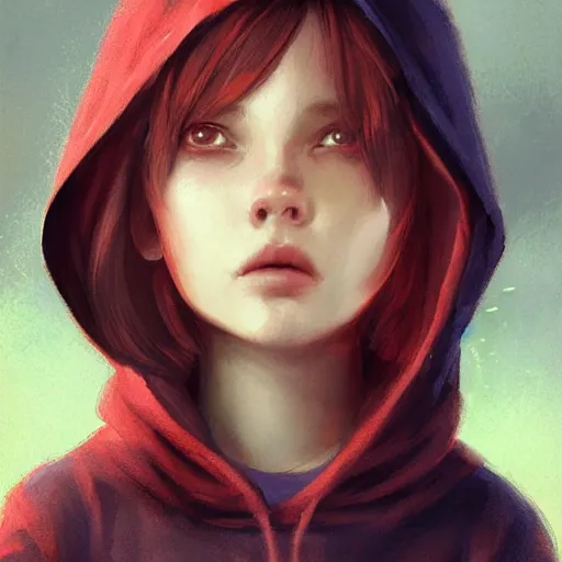 Image similar to a cute tiny girl with short red hair wearing a hoodie, digital art, very beautiful face, pretty face, very detailed eyes, full body illustration, 8 k resolution, soft painting, by greg rutkowski, wlop, rossdraws,