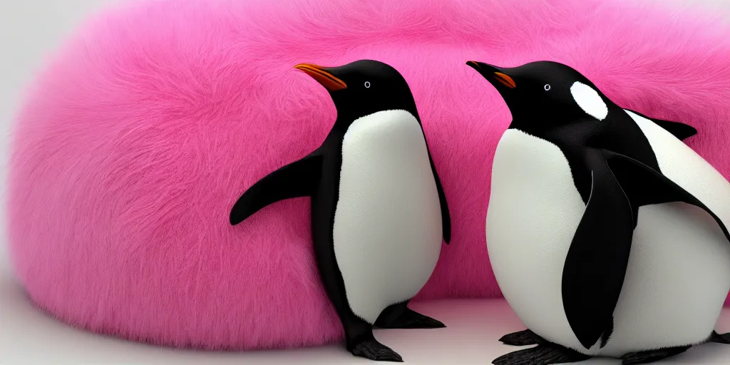 Image similar to realistic penguin sitting in a pink fluffy bed, hyper detailed, trending on artstation