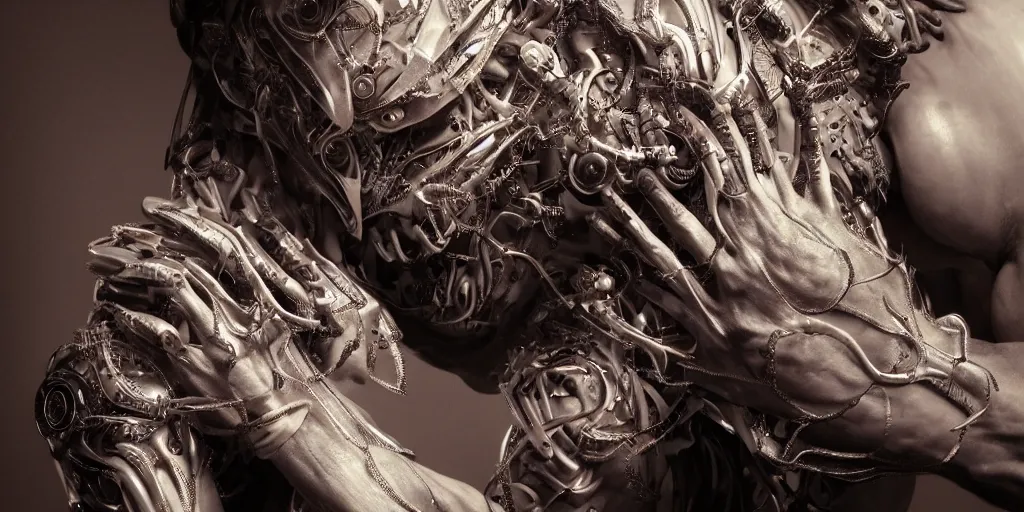 Prompt: hyper realistic photography of a stunningly beautiful cyborg male, plated arm, intimate, chest, holding close, ribbons, in the style of beth cavener, jin kagetsu,, and wlop, highly detailed, intricate filigree, symmetry, masterpiece, award winning, sharp focus, concept art, highkey lighting, ambient lighting, octane render, 8 k, artstation