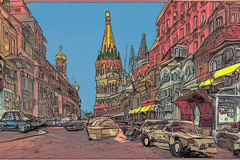 Prompt: moscow street view panoramic comix background art by ralph bakshi