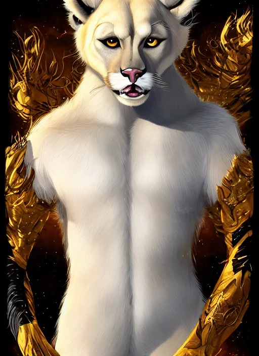 Image similar to award winning beautiful portrait commission of a male furry anthro albino mountain lion with a beautiful hyperdetailed attractive outfit and face wearing a golden and black rockstar outfit on a stage. Character design by charlie bowater, ross tran, and makoto shinkai, detailed, inked, western comic book art