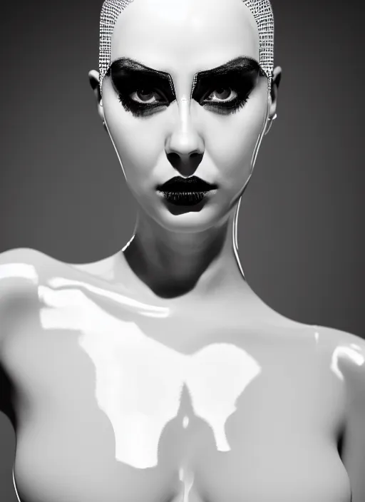 Prompt: a fierce nubile young woman with reflections in her eyes and slicked hair, wearing a futuristic white latex costume, white facemask, clear skin, elegant, graceful, fashionable, cinematic, hyperdetailed illustration by irakli nadar and alexandre ferra, intricate linework, faberge, ornamental, depth of field, global illumination,