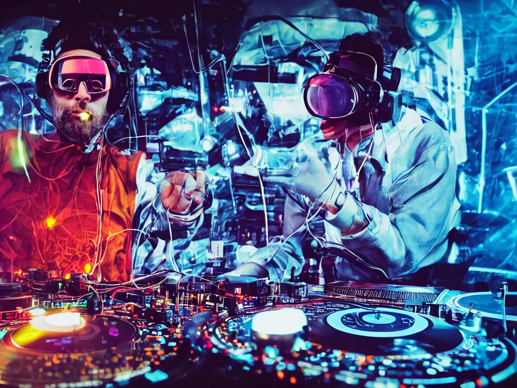 Image similar to a person wearing goggles and visor and headphones using a retro record player contraption, wires and tubes, turntablism dj scratching, intricate planetary gears, cinematic, imax, sharp focus, leds, bokeh, iridescent, black light, fog machine, hazy, lasers, hyper color digital art