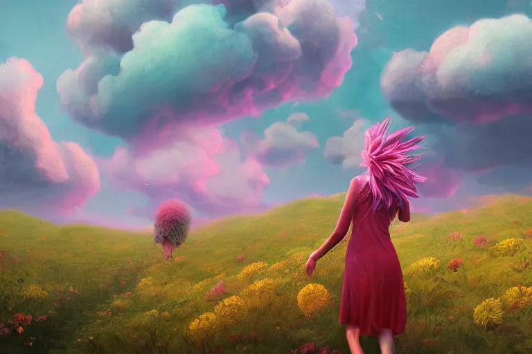 Image similar to giant dahlia flower as a head, girl walking on mountain, surreal photography, stars, dramatic light, impressionist painting, storm clouds, digital painting, artstation, simon stalenhag