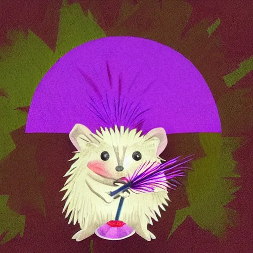 Prompt: adorable hedgehog in a kimono, holding a purple dandelion, art, digital art