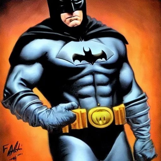 Prompt: An ultra-realistic portrait painting of Ben Affleck's Batman in the style of Frank Frazetta. 4K. Ultra-realistic. Highly detailed. Dark fantasy. Epic lighting.