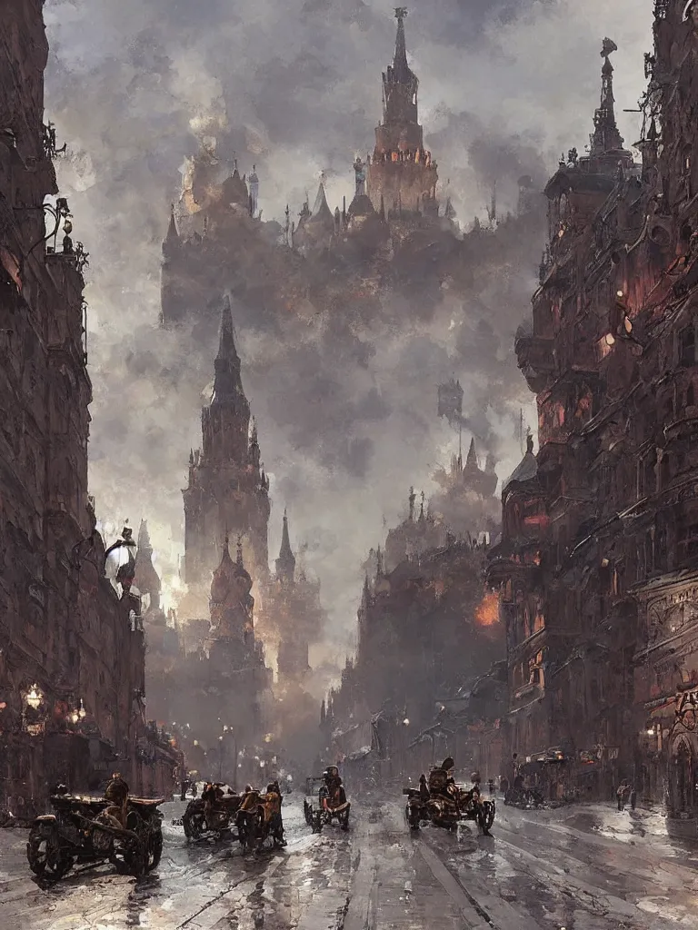 Prompt: russian revolution dieselpunk 1 9 1 0 cityscape, kremlin, painting by greg rutkowski, craig mullins, ilsted, levitan, rozalski