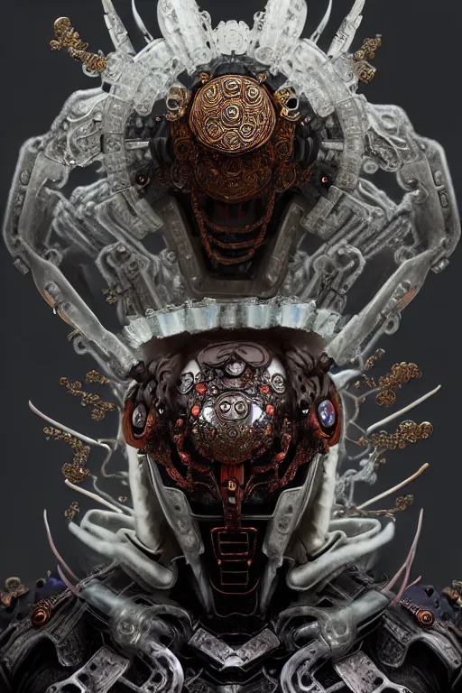 Image similar to asura from chinese myth, ghost, luxurious armor mixed with leather and metal, dystopian, cyberpunk, organic fractal mycelum and fungi, mecha, halfturn portrait of a big crystal face made of crystals half - turn, ominous, intricate, studio, art by anthony macbain + greg rutkowski + alphonse mucha, concept art, 4 k, sharp focus