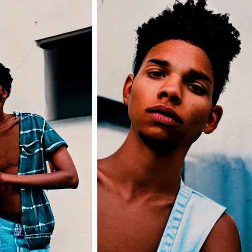 Prompt: realistic! photoshoot for a new heliot emil lookbook, color film photography, portrait of a beautiful men, in style of tyler mitchell, 35mm