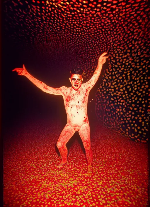 Prompt: realistic photo of a blurred face of an gay man, covered in shriveling dead coral reef, emitting aura, dancing in a gay night club circuit party with a spotlight shining on him 1 9 6 0, life magazine photo, natural colors, metropolitan museum, kodak, 8 k, very detailed, high resolution, product photo,