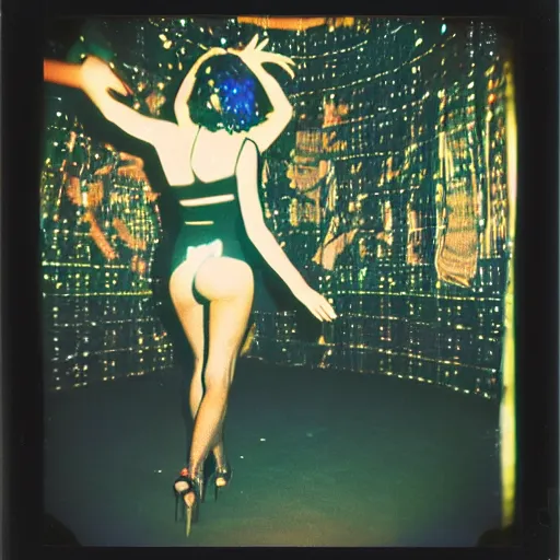 Image similar to polaroid of an attractive woman dancing, ibiza techno club, night, neon lighting, by mario testino : : ornate, dynamic, particulate, intricate, elegant, highly detailed, vogue, harper's bazaar art, fashion magazine, smooth, sharp focus, 8 k