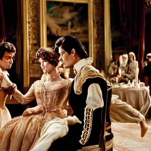 Prompt: ballroom scene from the leopard by luchino visconti with alain delon and claudia cardinale set in the 1 9 th century in an italian villa. technicolor, highly intricate, 5 0 mm