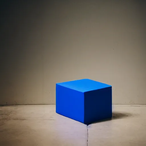 Image similar to single blue cube on studio floor, soft light