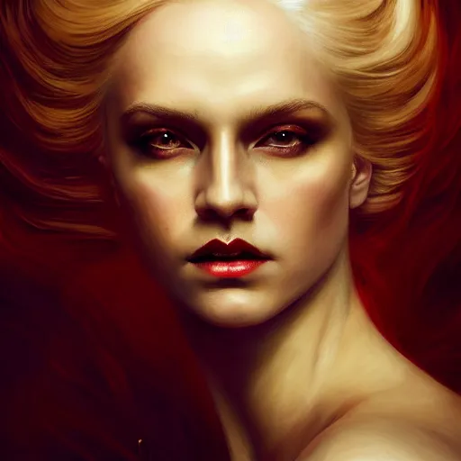 Prompt: majestic gracious regal aristocratic female blonde vampire portrait, atmospheric lighting, painted, curvy, voluptuous, menacing, intricate, volumetric lighting, beautiful, rich deep colours masterpiece, golden hour, sharp focus, ultra detailed, by leesha hannigan, ross tran, thierry doizon, kai carpenter, ignacio fernandez rios