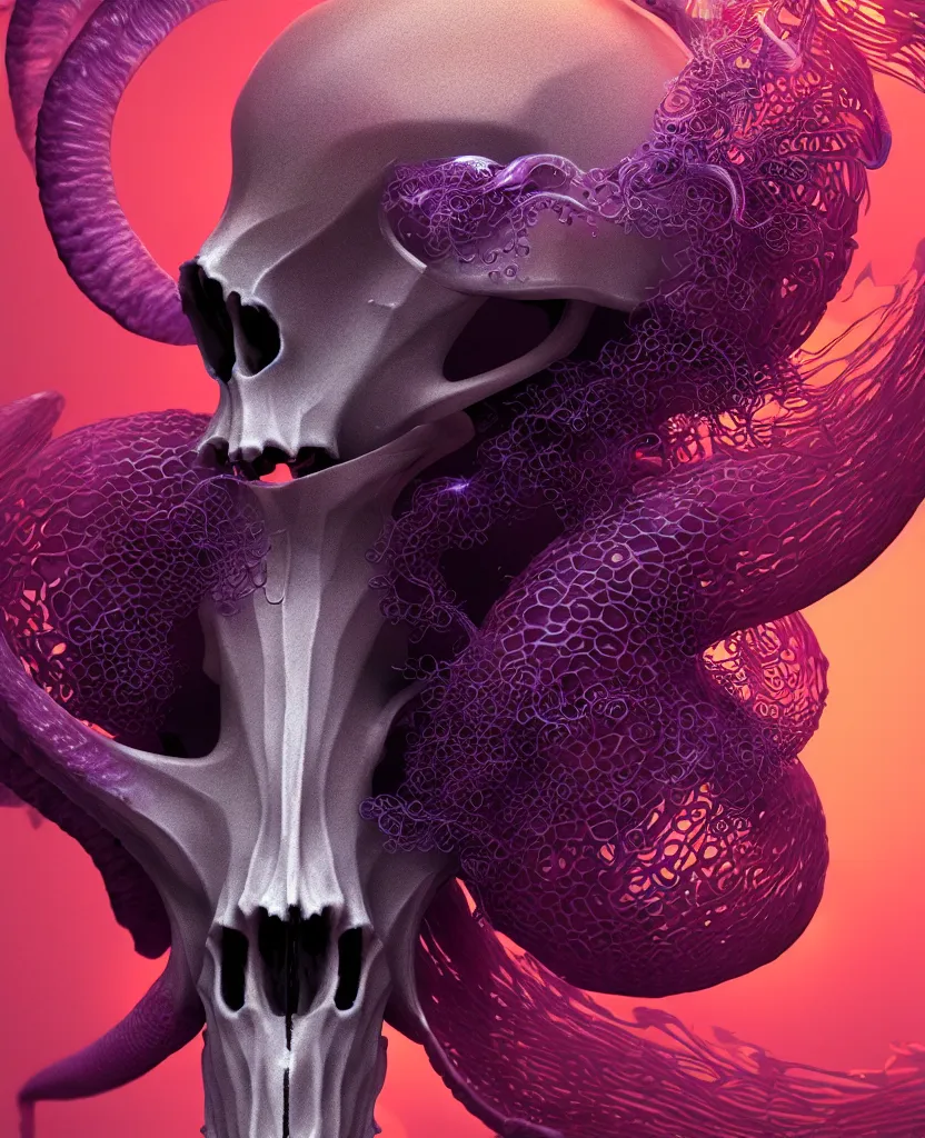 Image similar to goddess close-up portrait goat skull. jellyfish phoenix head, nautilus, orchid, skull, betta fish, bioluminiscent creatures, intricate artwork by Tooth Wu and wlop and beeple. octane render, trending on artstation, greg rutkowski very coherent symmetrical artwork. cinematic, hyper realism, high detail, octane render, 8k