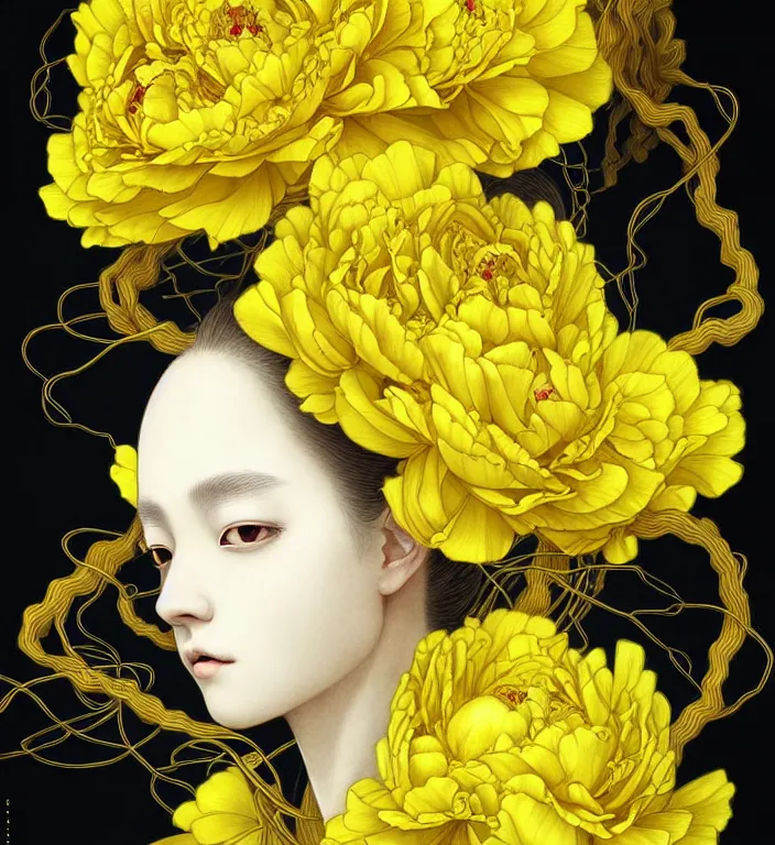 Image similar to beautiful yellow woman, symmetrical portrait, realistic, black peonies, tangled vines, rich details, by wlop and amano yoshitaka