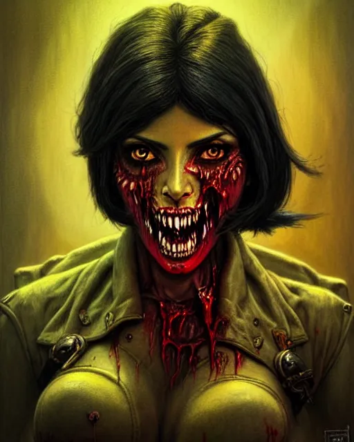 Prompt: pharah from overwatch, monster, zombie, character portrait, portrait, close up, concept art, intricate details, highly detailed, horror poster, horror, vintage horror art, realistic, terrifying, in the style of michael whelan, beksinski, and gustave dore