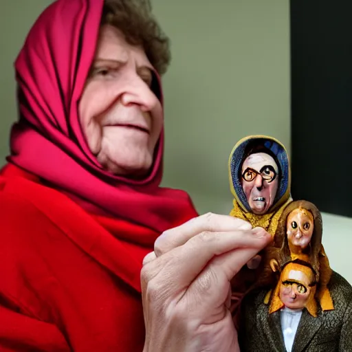 Image similar to portrait of a babushka with pet miniature john oliver action figure