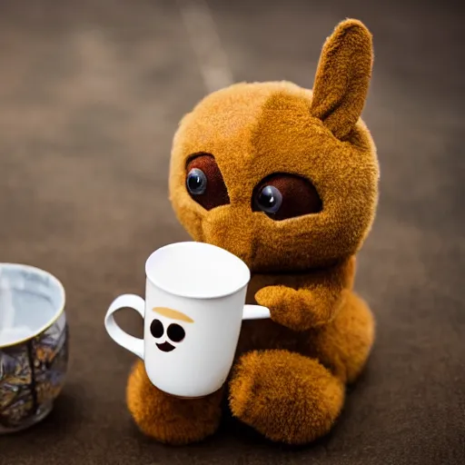 Image similar to a huggable brown chibi plush rabbit muppet monk wearing a wolf skull and dat beside a cup of tea, photorealistic, nature, photography, national geographic, sesame street