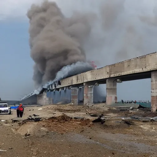 Prompt: Kerch Bridge exploding