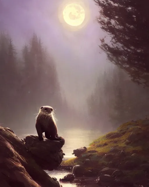 Image similar to a portrait of beautiful otter the night, d & d, fantasy, mist, full moon in background, trees, hyper detailed,, midium shot, an oil painting by ruan jia, trending on artstation, concept art, sharp focus, illustration, gaston bussiere, craig mullins, j. c. leyendecker, beautiful lighting