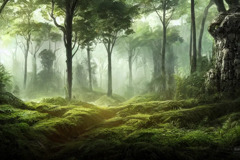 Prompt: a clearing in the forest, sharp focus, matte painting, illustration, concept art, ancient city covered in foliage