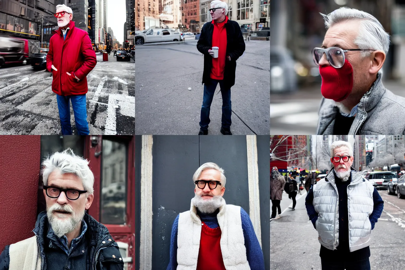 Prompt: photo of a 50-year-old white man, silver hair, neat baerd, wearing a red gilet, thick rimmed-glasses, candid street portrait, photoojurnalism from The New York Times