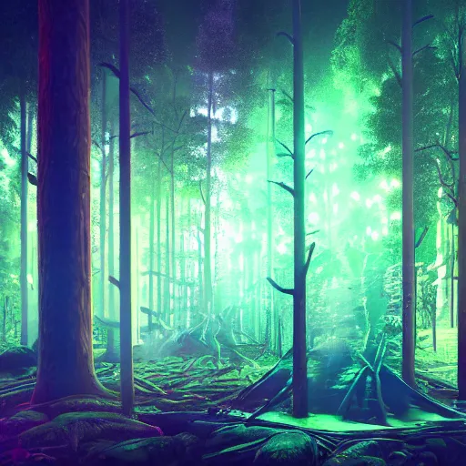 Image similar to extremely detailed wide angle isometric forest photograph dramatic neon lighting octane render 4 k trending on artstation vaporwave digital art