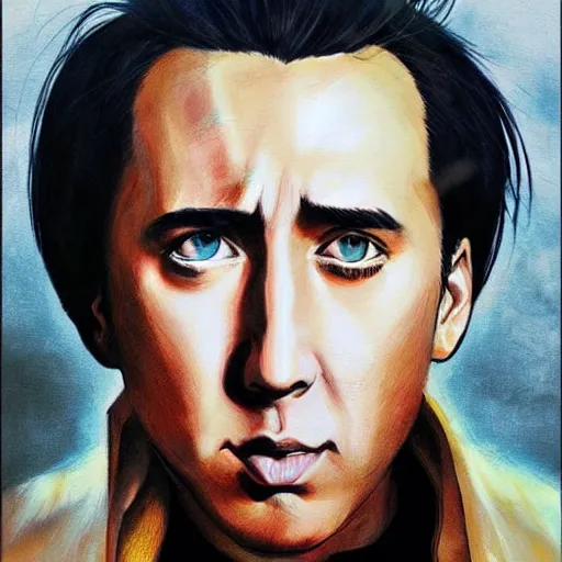 Prompt: beautiful amazing anime portrait painting of nicholas cage in tokyo. by satoshi kon, hayao miyazaki, kuvshinov ilya, lariennechan, aokamei