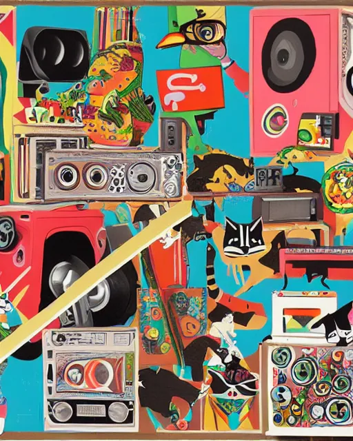 Image similar to art collage with cats, skateboards, boomboxes, american flags, tacos, and tropical plants, by Alex Yanes