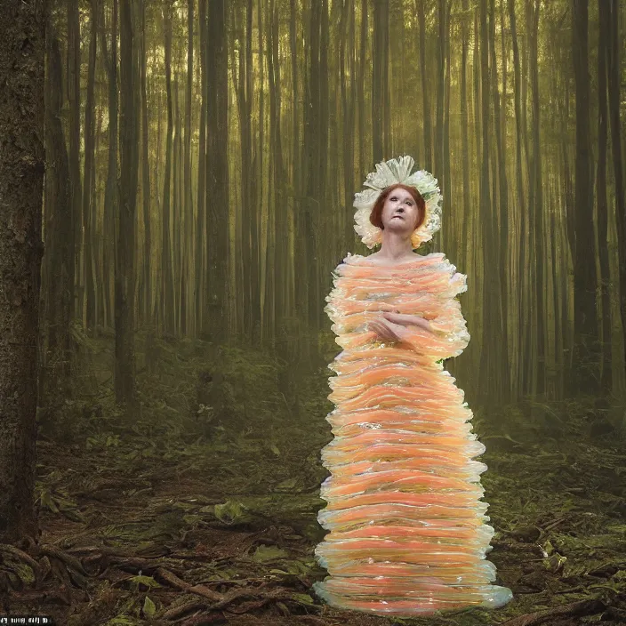 Image similar to a closeup portrait of a woman wearing a dress made of jelly fish and eels, standing in a forest, color photograph, by vincent desiderio, canon eos c 3 0 0, ƒ 1. 8, 3 5 mm, 8 k, medium - format print