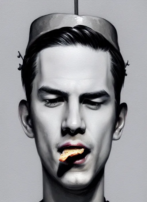 Image similar to portrait of jughead jones, eating a hamburger, wearing a grey crown, eyes closed, intricate, elegant, glowing lights, highly detailed, digital painting, artstation, concept art, smooth, sharp focus, illustration, art by wlop, mars ravelo and greg rutkowski