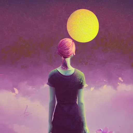 Image similar to girl with one blooming flower as a face, surreal photography, dream, standing in flower field, hills, big trees, sunrise dramatic light, impressionist painting, colorful clouds, digital painting, pointillism, artstation, simon stalenhag, flower face