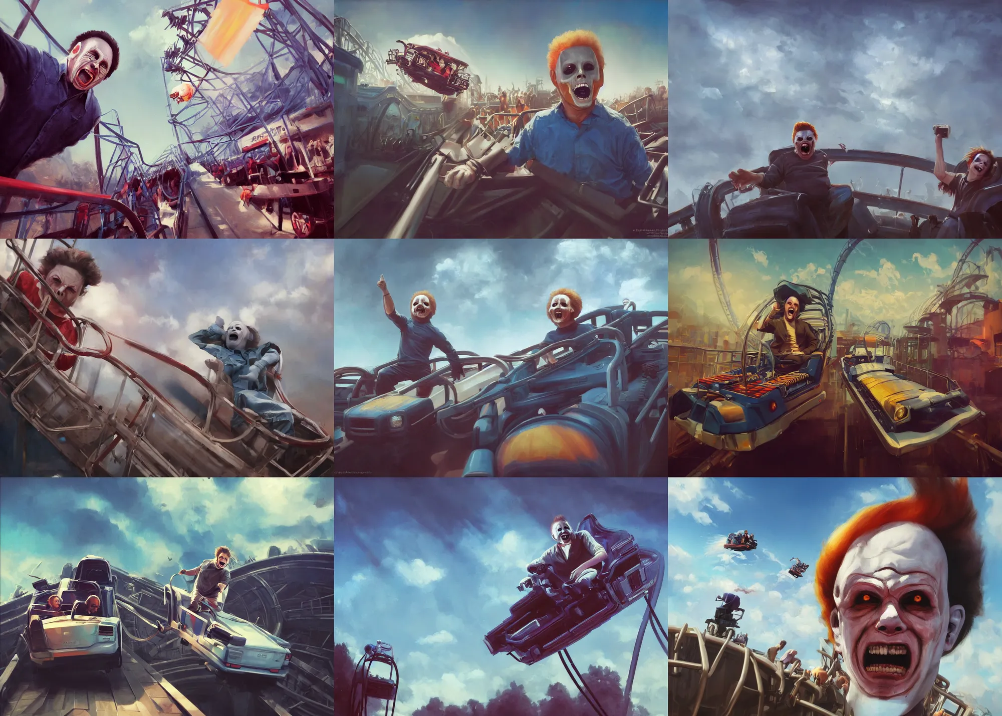 Prompt: portrait painting of Michael Myers having fun in a roller coaster, beautiful sky, sunny, happy, sharp focus, wide shot, trending on ArtStation, masterpiece, by Greg Rutkowski, clear facial features, by Ross Tran, by Fenghua Zhong, octane, soft render, oil on canvas, colorful, cinematic, environmental concept art