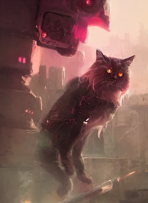 Image similar to a portrait of a futuristic cyberpunk british longhair cat soldier in war scene, epic scene, epic lighting, pink vibe, by greg rutkowski