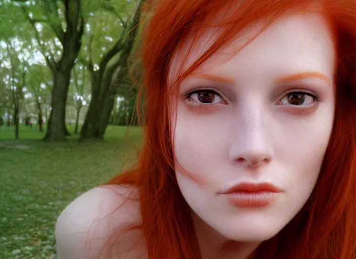 Image similar to award winning 3 5 mm face close up portrait photo of a redhead in a park by luis royo