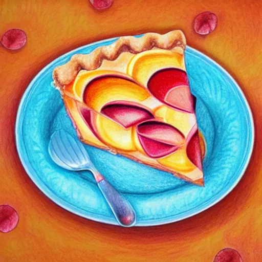 Prompt: Colored pencil art on paper, Peach pie slice on a plate, highly detailed, artstation, MasterPiece, Award-Winning, Caran d'Ache Luminance