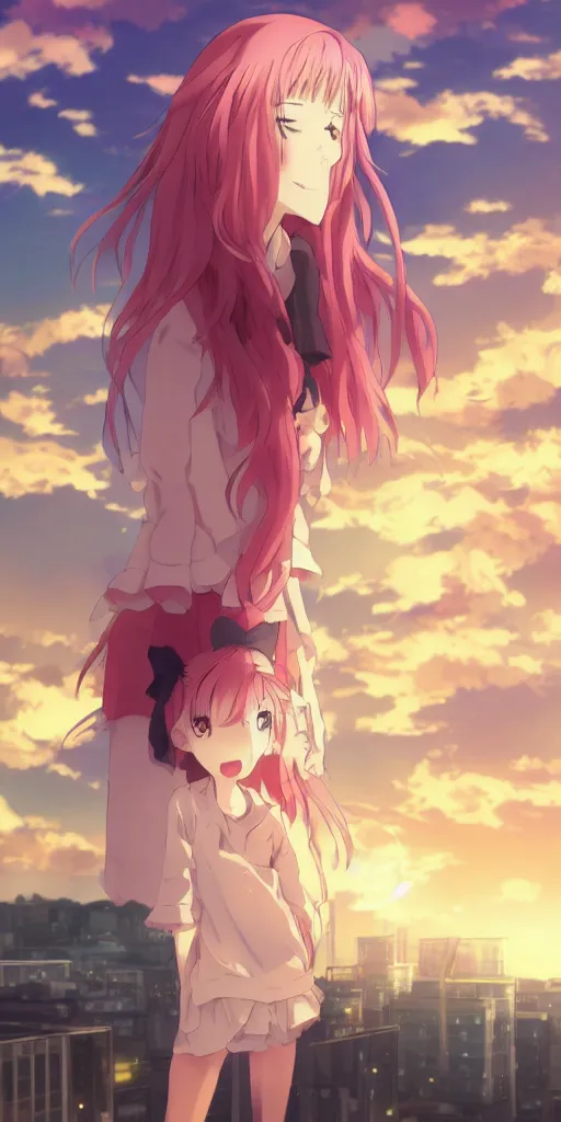 Prompt: anime art, anime key visual of a cute elegant anime girl with pink hair and big eyes on the city rooftop at sunset with clouds, golden hour sunset, background blur bokeh, beautiful lighting, high quality illustration, studio ghibli