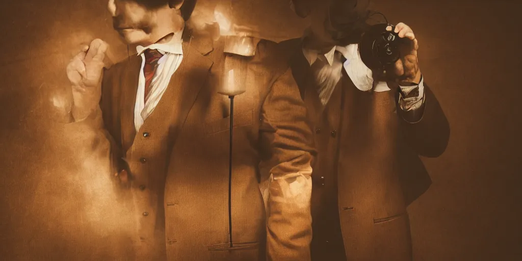 Prompt: a man in a brown suit holding a small time machine, cinematic, dramatic lighting, 3 5 mm lens, ilm, atmospheric