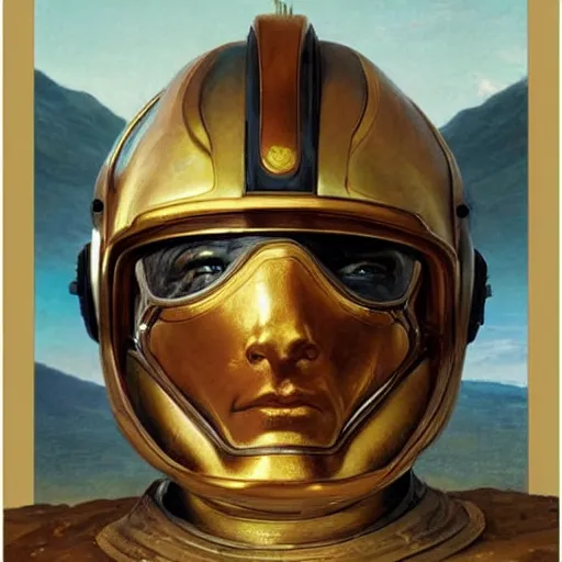 Image similar to STAR TREK Gucci racer helmet designed in ancient Greece, (SFW) safe for work, photo realistic illustration by greg rutkowski, thomas kindkade, alphonse mucha, loish, norman rockwell